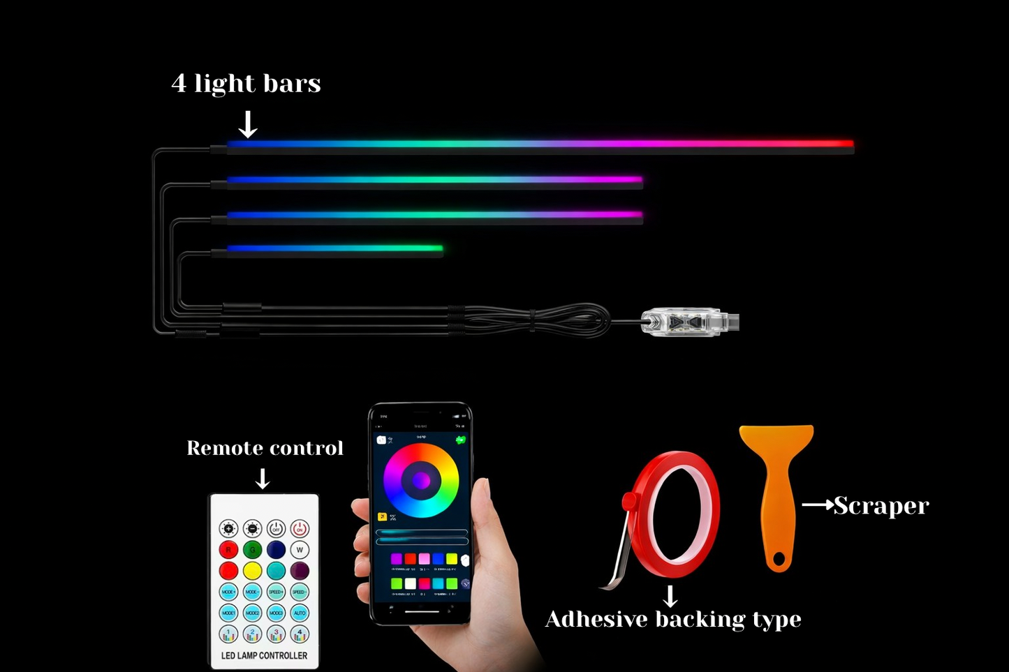 RGB LED Ambiente Osvětlení Auta - 110cm, Ovládání přes APLIKACI, Dekorace Interiéru